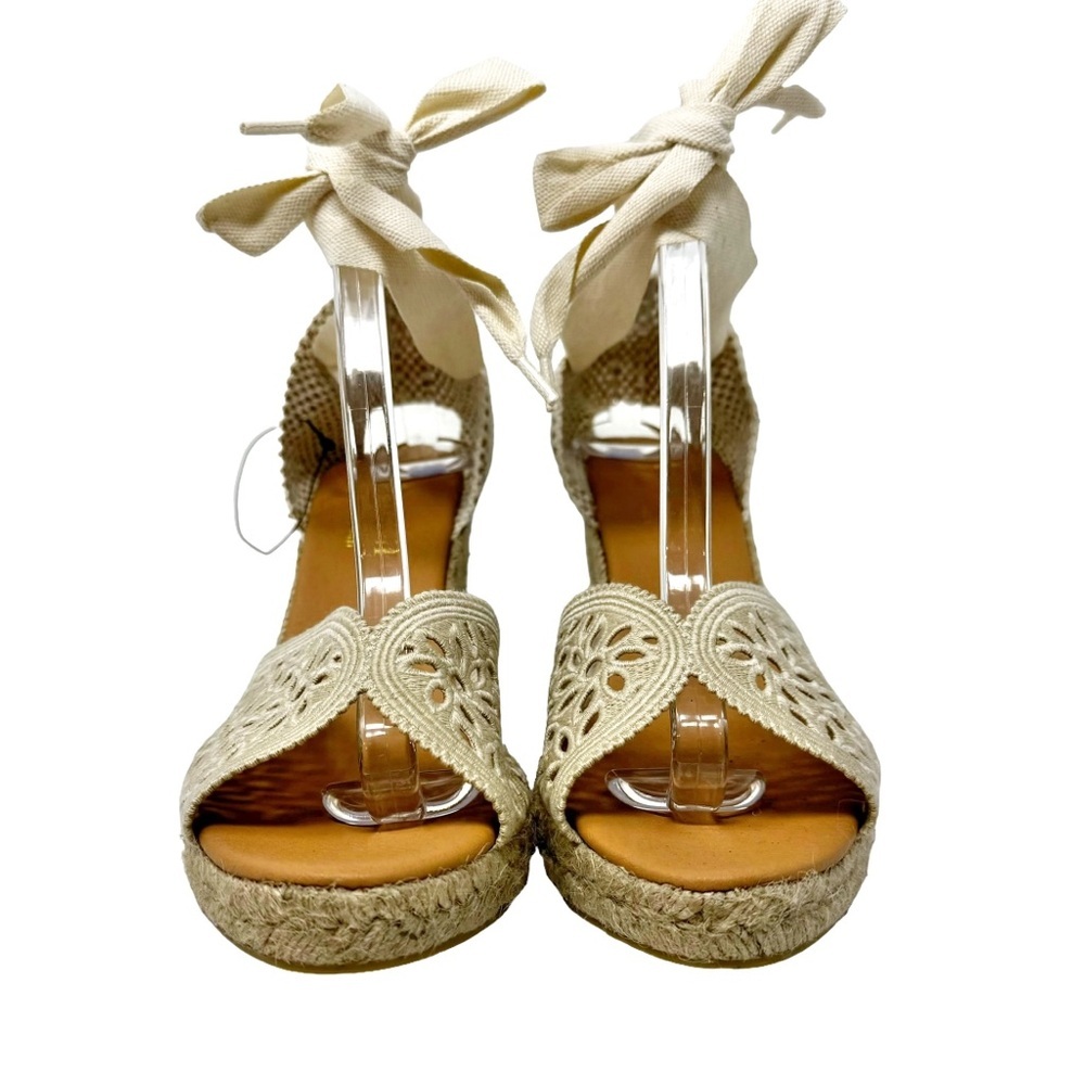 Maypol NEW Crochet Espadrille Wedge Sandals Peep Toe Ankle Wrap Cream Size 41 - Picture 6 of 13